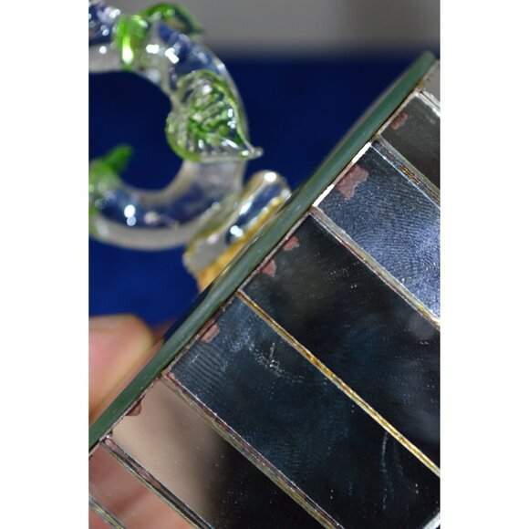 Vintage Clear Glass Hummingbird Mirrored Music Rotating Box Green Leaves READ - Picture 10 of 13